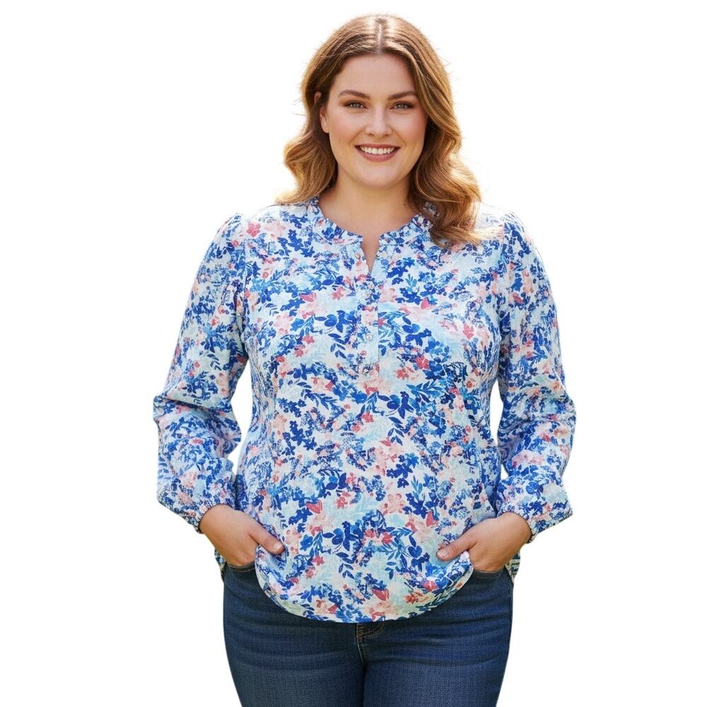 Talbots Women 1x Multi- colored Floral Balloon Sleeve Ruffle Lightweight Blouse